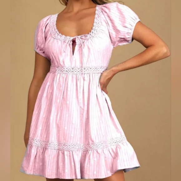 Lulus Dresses & Skirts - Lulus So Darling Light Pink Dotted Short Sleeve Mini Dress Large  NWT